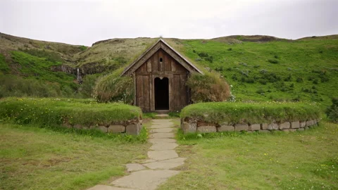 Viking Turf House with Stone Path Stock Footage 319272273