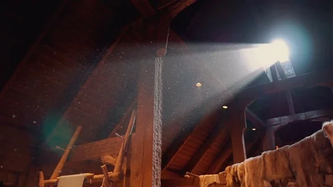 Viking village in Norway. d Dust in a ray of light Stock Footage