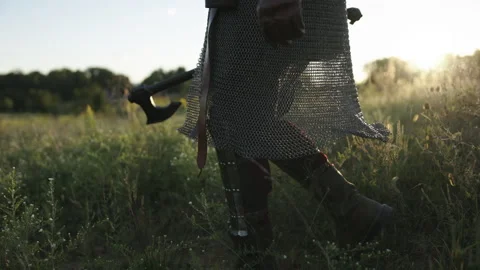 Viking Walking Dramatically with an Axe - Cosplay Costume 库存影片 266163929