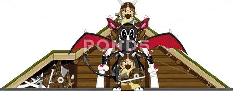 Viking Warrior and Dragon with Homes Illustration Stock Illustration