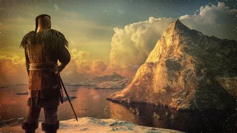 Viking warrior and ships Stock Illustration