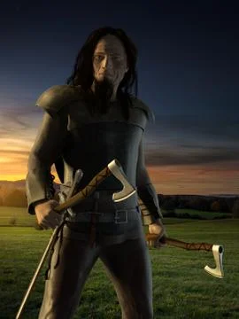 Viking warrior with axe on meadow Stock Illustration