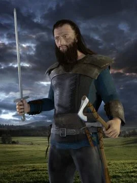 Viking warrior with axe on meadow Stock Illustration