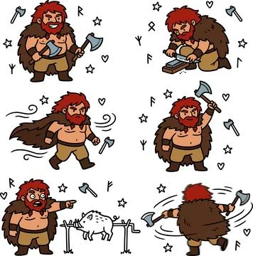 Viking Warrior Character Set with Axe and Wild Boar. Stock Illustration