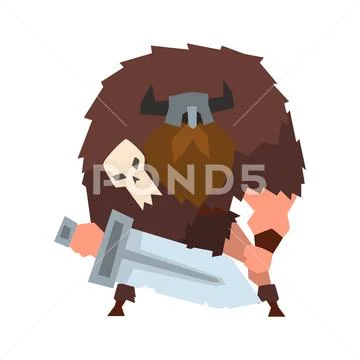Viking warrior character with sword in helmet with horns vector Illustration on Stock Illustration