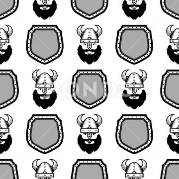 Viking Warrior Head Icon on Metal Shield Seamless Pattern Stock Illustration