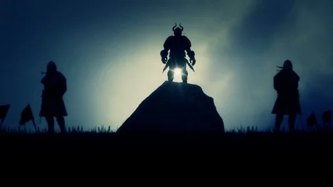 Viking Warrior Leader and Two Soldiers at a Battlefield Stock Footage 109348268