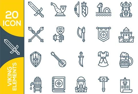 Viking weapon design elements for heraldic logo. Warrior head in a viking hel Stock Illustration