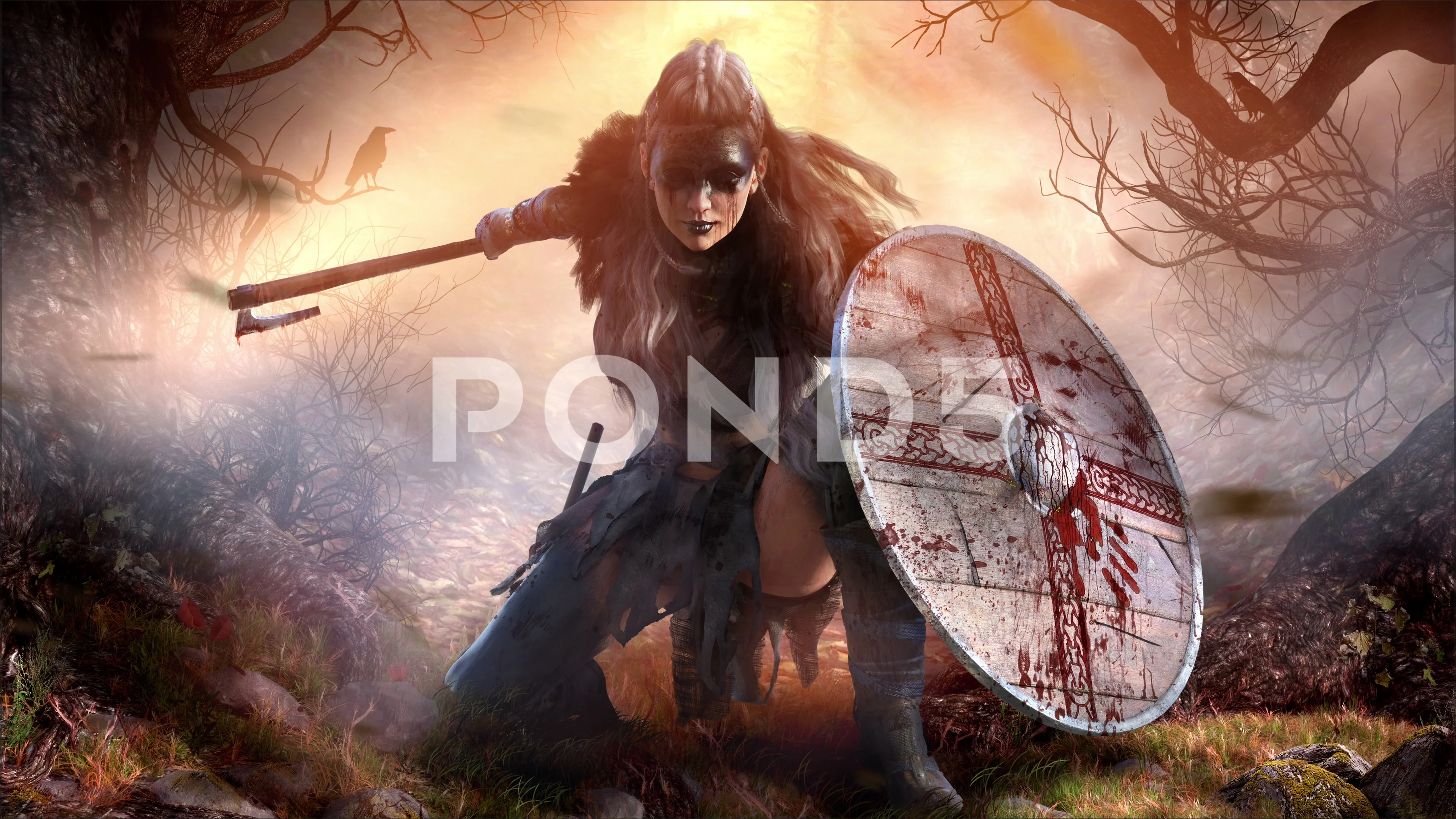 Viking with two axes, black background, ready to fight, logo, wa 