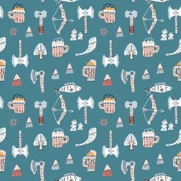 Vikings seamless pattern with viking helmet, weapon, bow and warrior axe, chi Stock Illustration