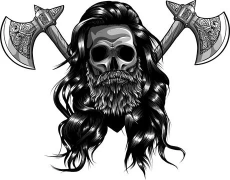 Vikings skull with weapon ax vector grunge illustration isolated on white Stock Illustration