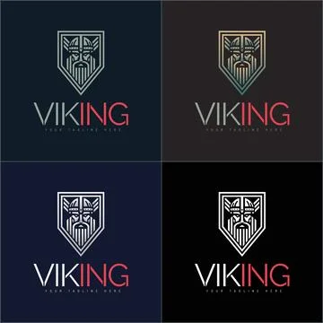 Vikings warrior face head shield line shape silhouette logo Stock Illustration