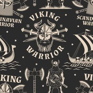 Vikings warrior seamless pattern or background. Vector. Fabric, texture, wa.. Stock Illustration