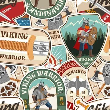 Vikings warrior seamless pattern or background. Vector illustration. Fabric,  Stock Illustration
