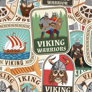 Vikings warrior seamless pattern or background. Vector illustration. Fabric,  Illustrazione stock