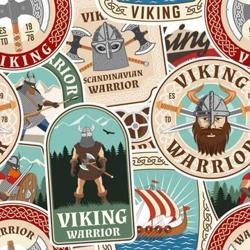 Vikings warrior seamless pattern or background. Vector illustration. Fabric,  스톡 일러스트