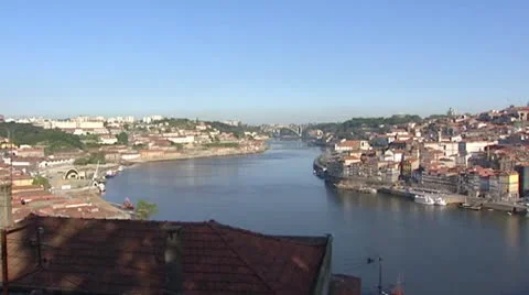 Vila Nova de Gaia pan skyline Porto + Dom Luis Bridge (2001)  Stock Footage 22037527