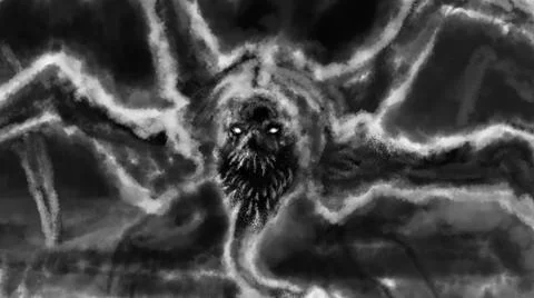 Vile creature crawls out darkness and opens its mouth. Scary monster with ten Stock Illustration