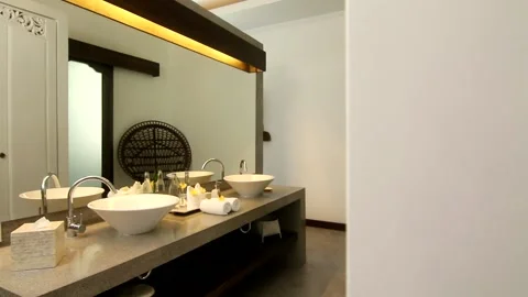 Villa bathroom with unique design, clean and huge Stock Footage 133986057