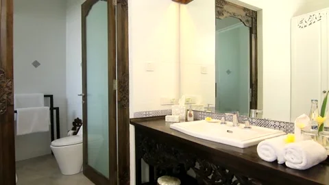Villa bathroom with unique design, clean and huge Stock Footage 133986059