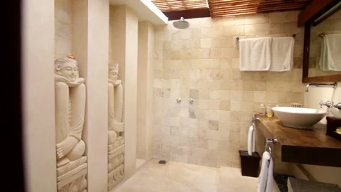 Villa bathroom with unique design, clean and huge Stock Footage 133986067