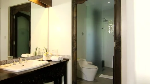 Villa bathroom with unique design, clean and huge Stock Footage 133986072