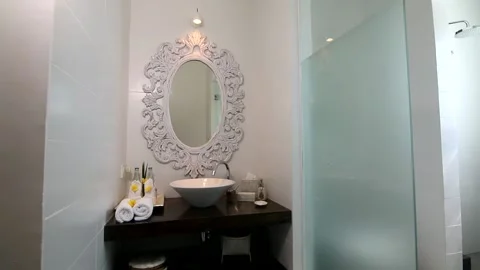 Villa bathroom with unique design, clean and huge Stock Footage 133986073