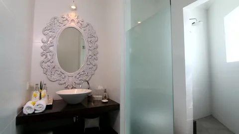 Villa bathroom with unique design, clean and huge Stock Footage 133986085