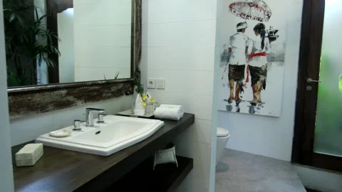 Villa bathroom with unique design, clean and huge Stock Footage 133986092