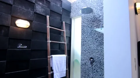 Villa bathroom with unique design, clean and huge Stock Footage 133986098