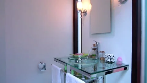 Villa bathroom with unique design, clean and huge Stock Footage 133986100