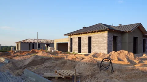 Villa construction. Prefab house under construction. Stock Footage 285851379