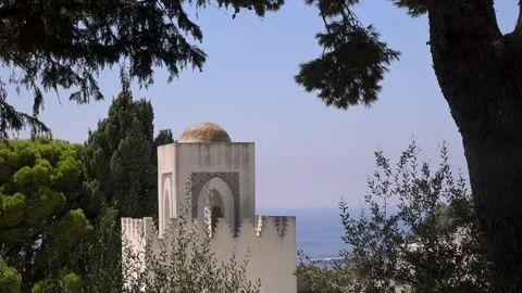 Villa Discopoli Tower Framed by Trees on Capri Coast Stock Footage 345271659
