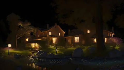 Villa by the small stream beside the forest at night Illustrazione stock