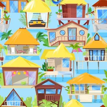 Villa vector facade of house building and tropical resort hotel on ocean beach Ilustración de archivo