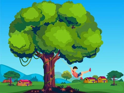 Village, boy playing under tree Stock Illustration