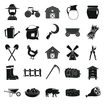 Village farm objects in black simple silhouette style icons vector illustrati 스톡 일러스트