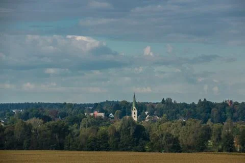 The village, fields, forests and the cloudy sky Stock-Fotos