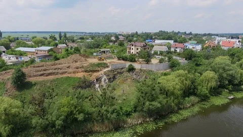 Village with forests, fields and river in sunrise soft light. . Stock Footage 84562527