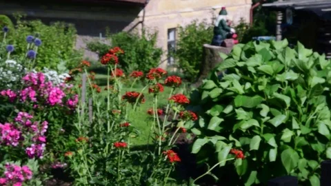 Village garden and rural house. Timbered house. Log cabin and flowered garden Stock Footage