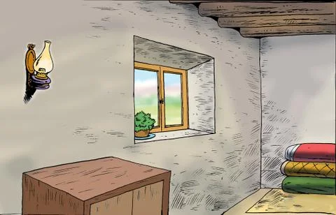 VILLAGE HOME INSIDE-window Stock-Illustration