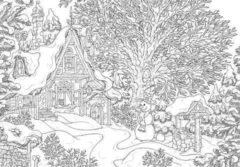 Village house in winter Stock Illustration