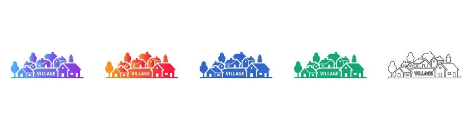 Village Landscape Icon Set in Gradient and Outline Stock Illustration