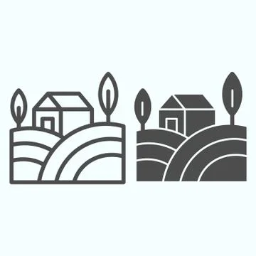 Village landscape line and solid icon. House with field and trees in the Stock Illustration