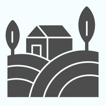 Village landscape solid icon. House with field and trees in the countryside Stock Illustration