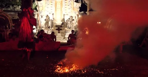 Village man fire walking dance performance at Hindu temple Ubud, Bali Stock Footage 58975337