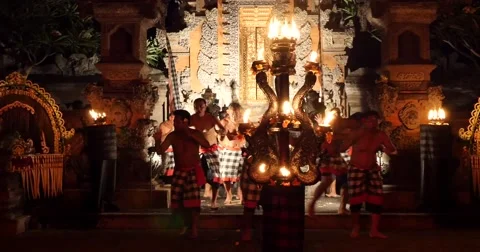Village men dance, chant performance at Hindu temple Ubud, Bali Stock Footage 58974660