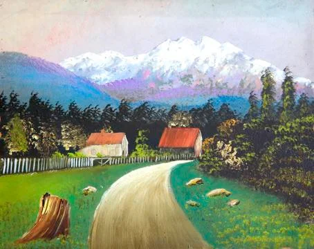 Village near mountains in the summer Stock Illustration