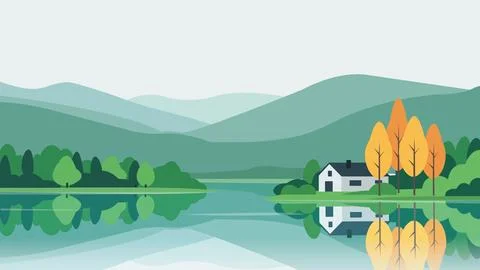 Village Reflection Lake Flat Design Illustration Scene Stock Illustration