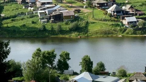 Village on the river coast 스톡 동영상 80266778